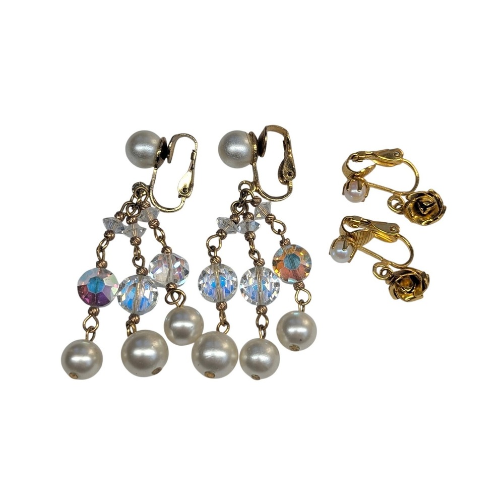 Vintage Faux Pearl Crystal Chandelier Earrings and Small Roses